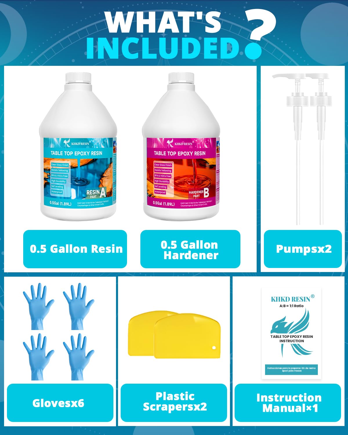 KHKD 1 Gallon Tabletop Epoxy Resin Kit Accessories – Includes 2 Pumps, 6 Gloves, 2 Scrapers, 1 Manual