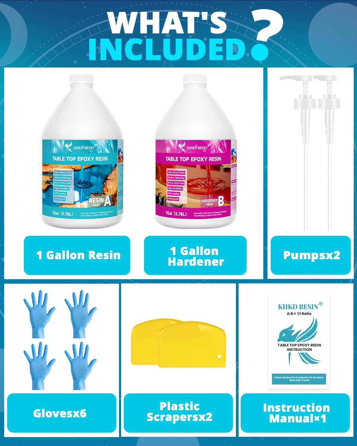 KHKD 2 Gallon Tabletop Epoxy Resin Kit Accessories – Includes 2 Pumps, 6 Gloves, 2 Scrapers, 1 Manual