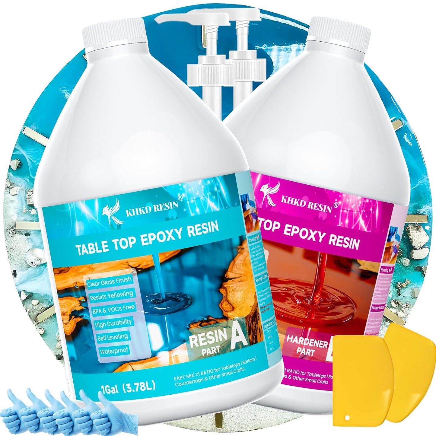 KHKD 2 Gallon Tabletop Epoxy Resin Kit – Clear Gloss, 1:1 Ratio with Resin and Hardener for DIY and Craft Projects