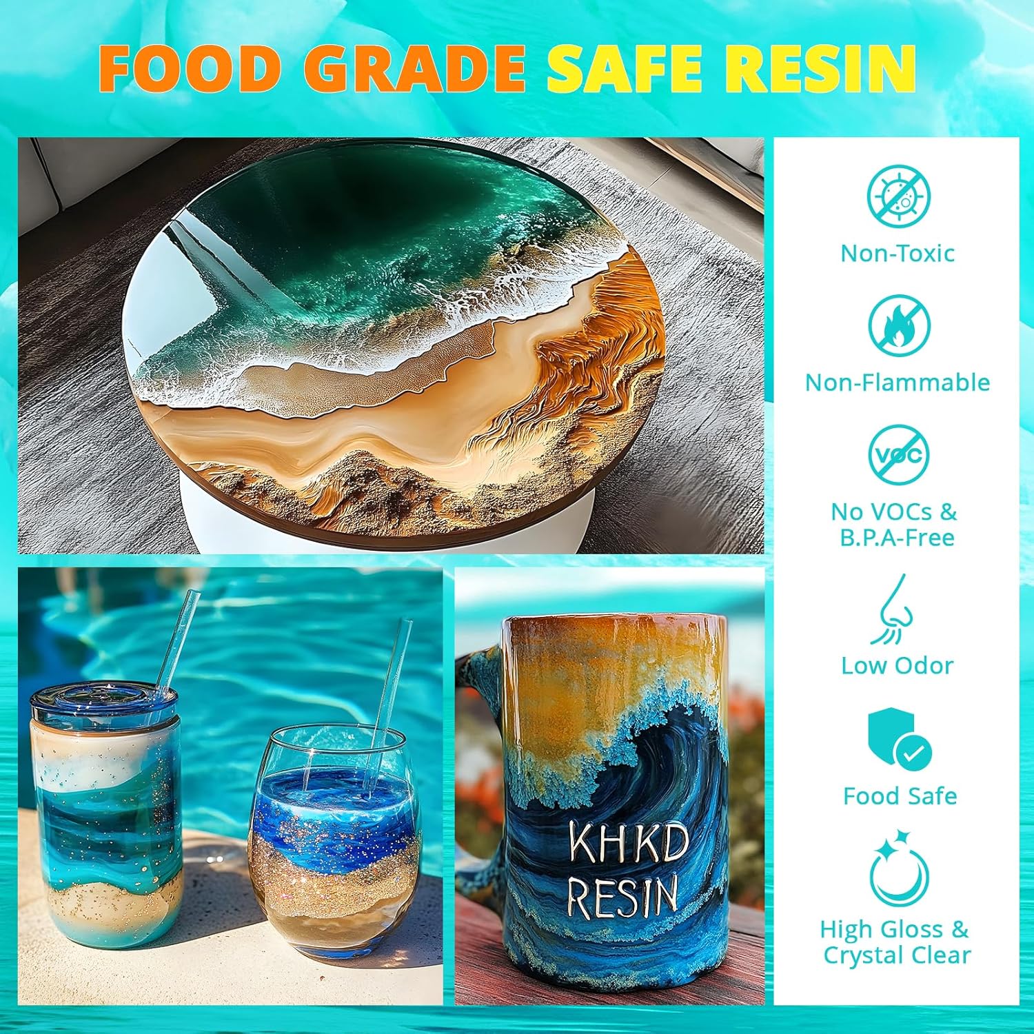 KHKD Fast Cure Resin – Food Safe, Non-Toxic, Low Odor, No VOCs, BPA-Free, High Gloss, Clear Finish for Art and Crafts
