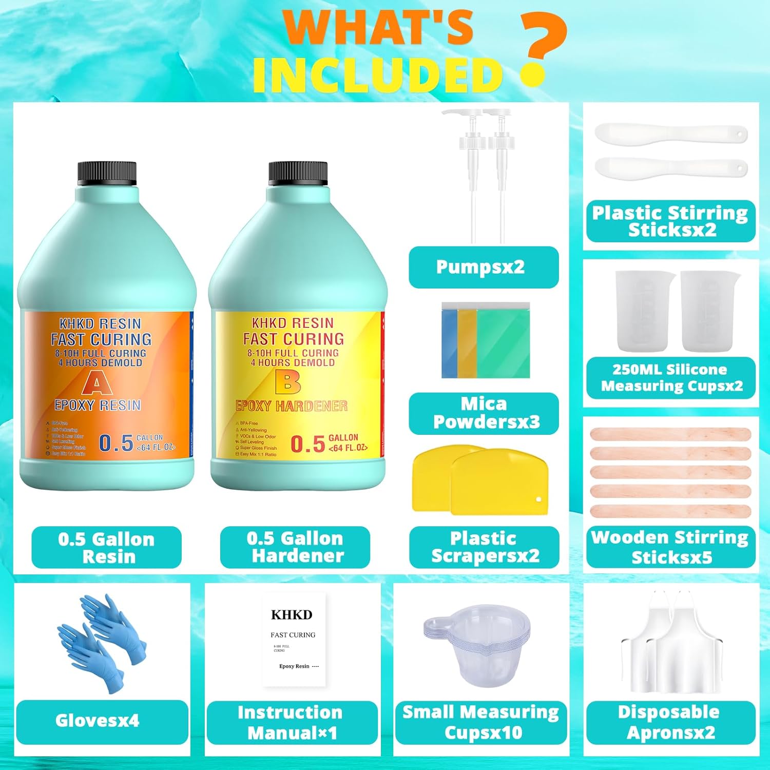 KHKD 1 Gallon Fast Cure Resin Kit Accessories – Gloves, Pumps, Cup, Mica, Apron, Stir Sticks, Scrapers, Manual Included