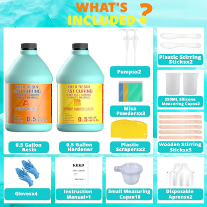 KHKD 1 Gallon Fast Cure Resin Kit Accessories – Gloves, Pumps, Cup, Mica, Apron, Stir Sticks, Scrapers, Manual Included