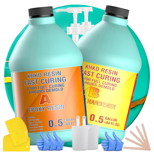 KHKD Fast Cure Resin Kit 1 Gallon – Clear Epoxy with 1:1 Ratio, 4 Hour Demold, 8–10 Hour Cure, Includes Hardener