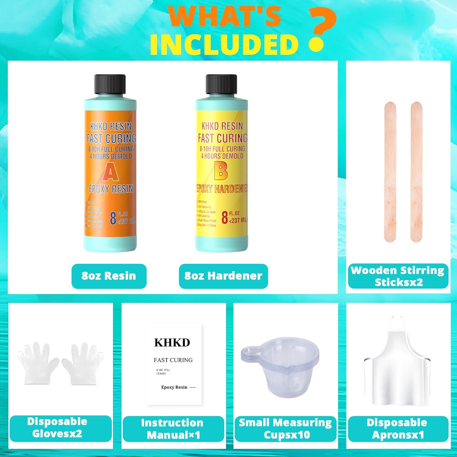 KHKD 16oz Fast Cure Resin Kit Accessories – Gloves, Stir Sticks, Cups, Apron, Instruction Manual