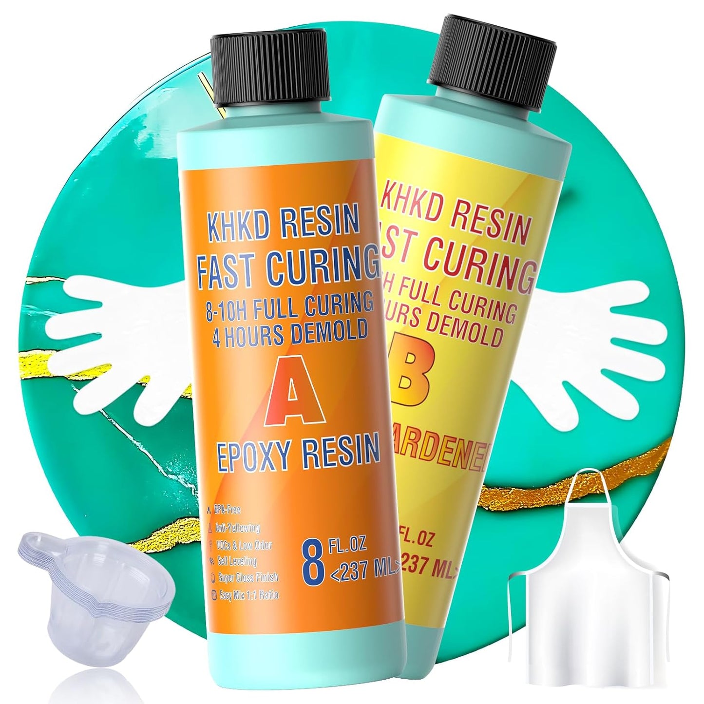 KHKD Fast Cure Resin Kit 16oz – Clear Epoxy with 1:1 Ratio, 4 Hour Demold, 8–10 Hour Cure, Includes Hardener