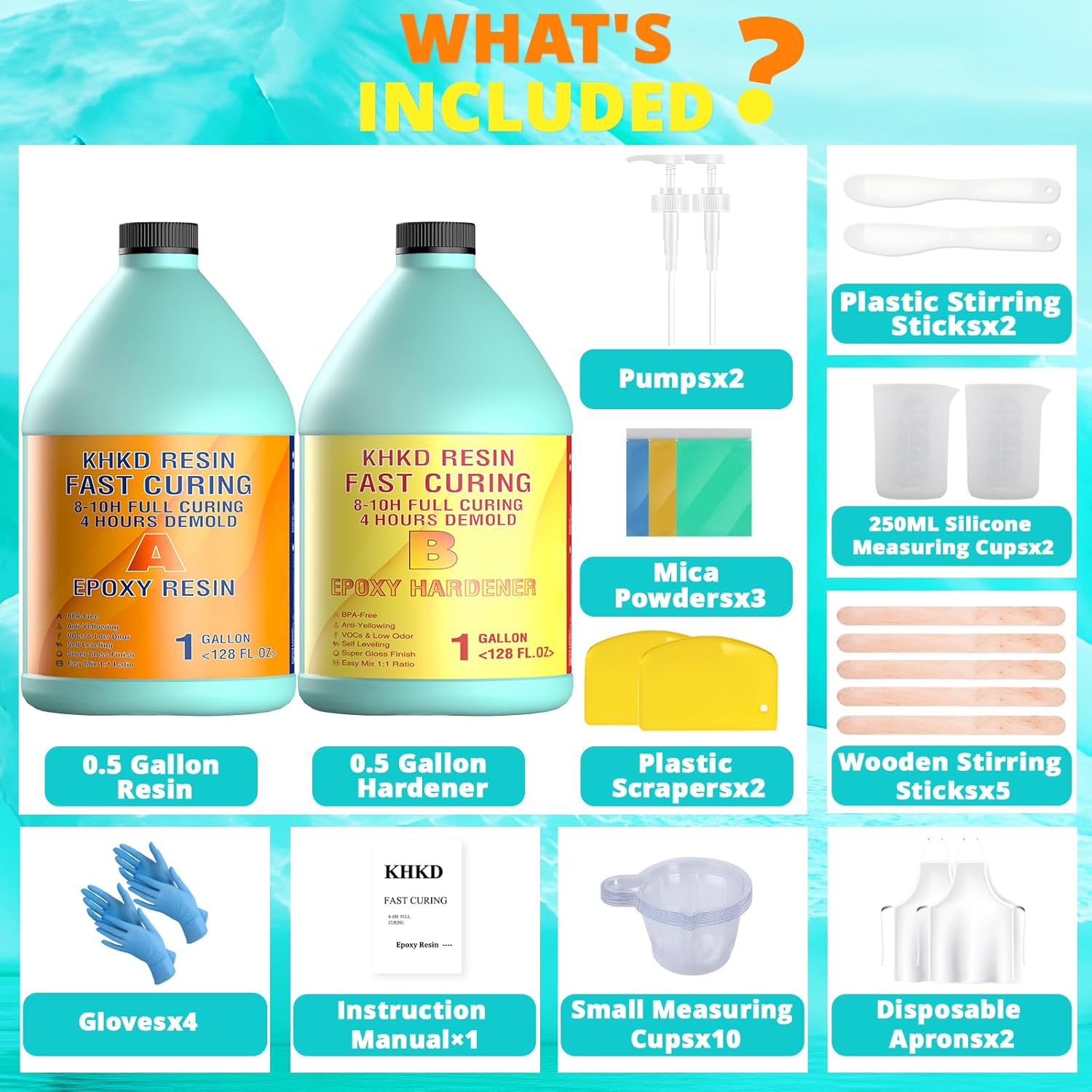 KHKD 2 Gallon Fast Cure Resin Kit Accessories – Gloves, Pumps, Cup, Mica, Apron, Stir Sticks, Scrapers, Manual Included