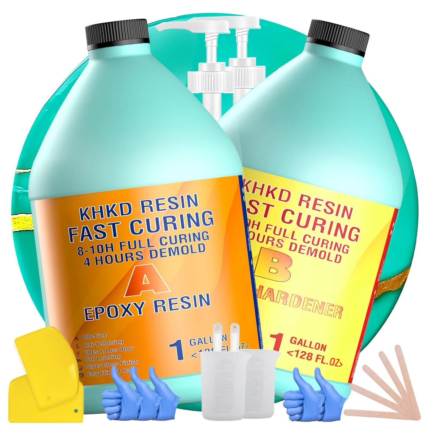 KHKD Fast Cure Resin Kit 2 Gallon – Clear Epoxy with 1:1 Ratio, 4 Hour Demold, 8–10 Hour Cure, Includes Hardener
