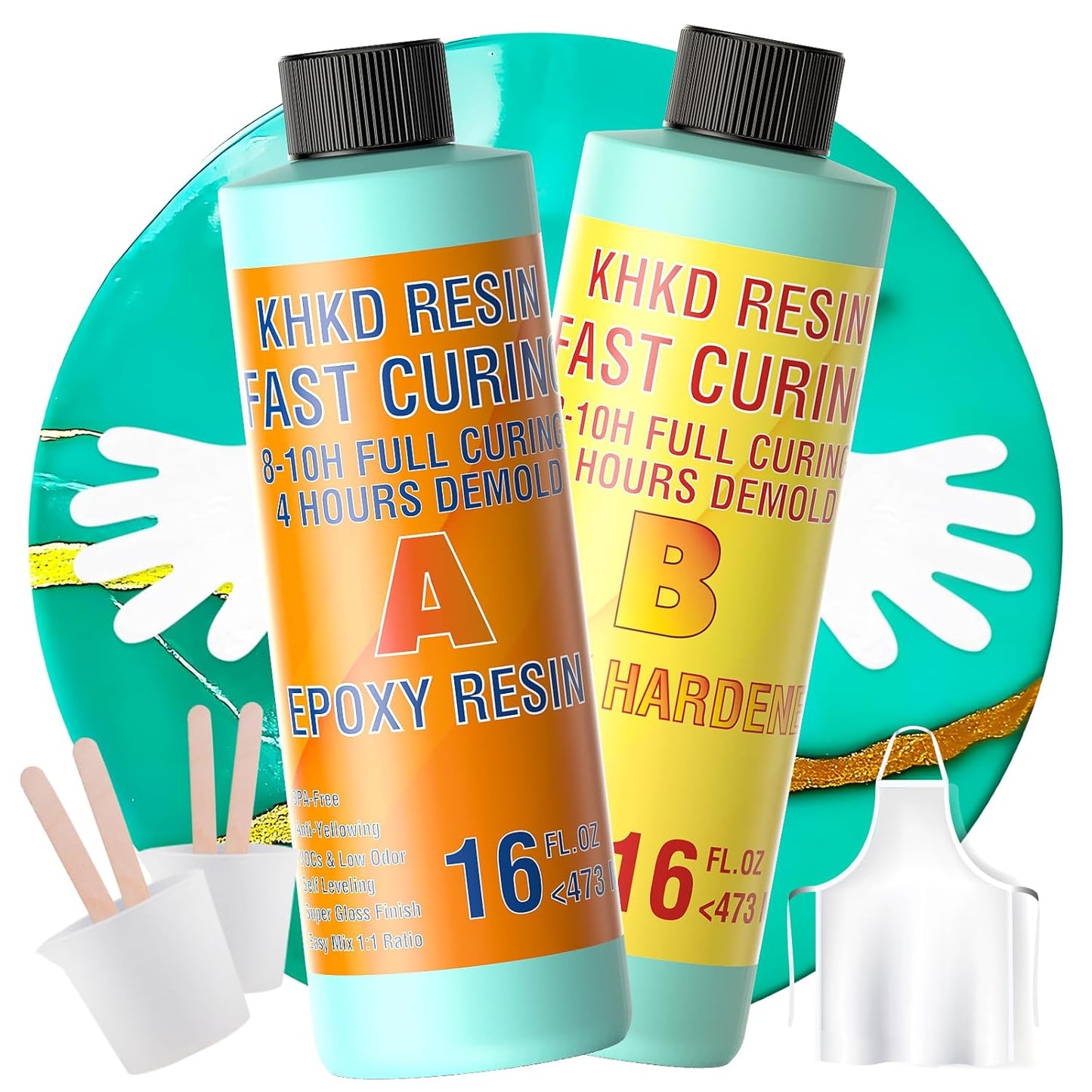 KHKD Fast Cure Resin Kit 32oz – Clear Epoxy with 1:1 Ratio, 4 Hour Demold, 8–10 Hour Cure, Includes Hardener