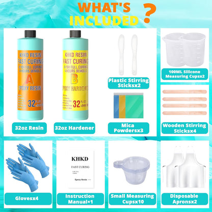 KHKD 64oz Fast Cure Resin Kit Accessories – Includes Gloves, Stir Sticks, Silicone Cup, Mica, Apron, Instruction Manual