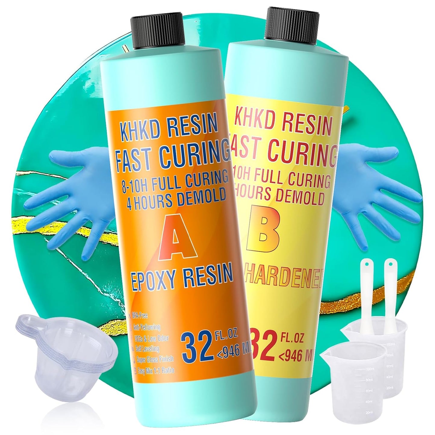 KHKD Fast Cure Resin Kit 64oz – Clear Epoxy with 1:1 Ratio, 4 Hour Demold, 8–10 Hour Cure, Includes Hardener