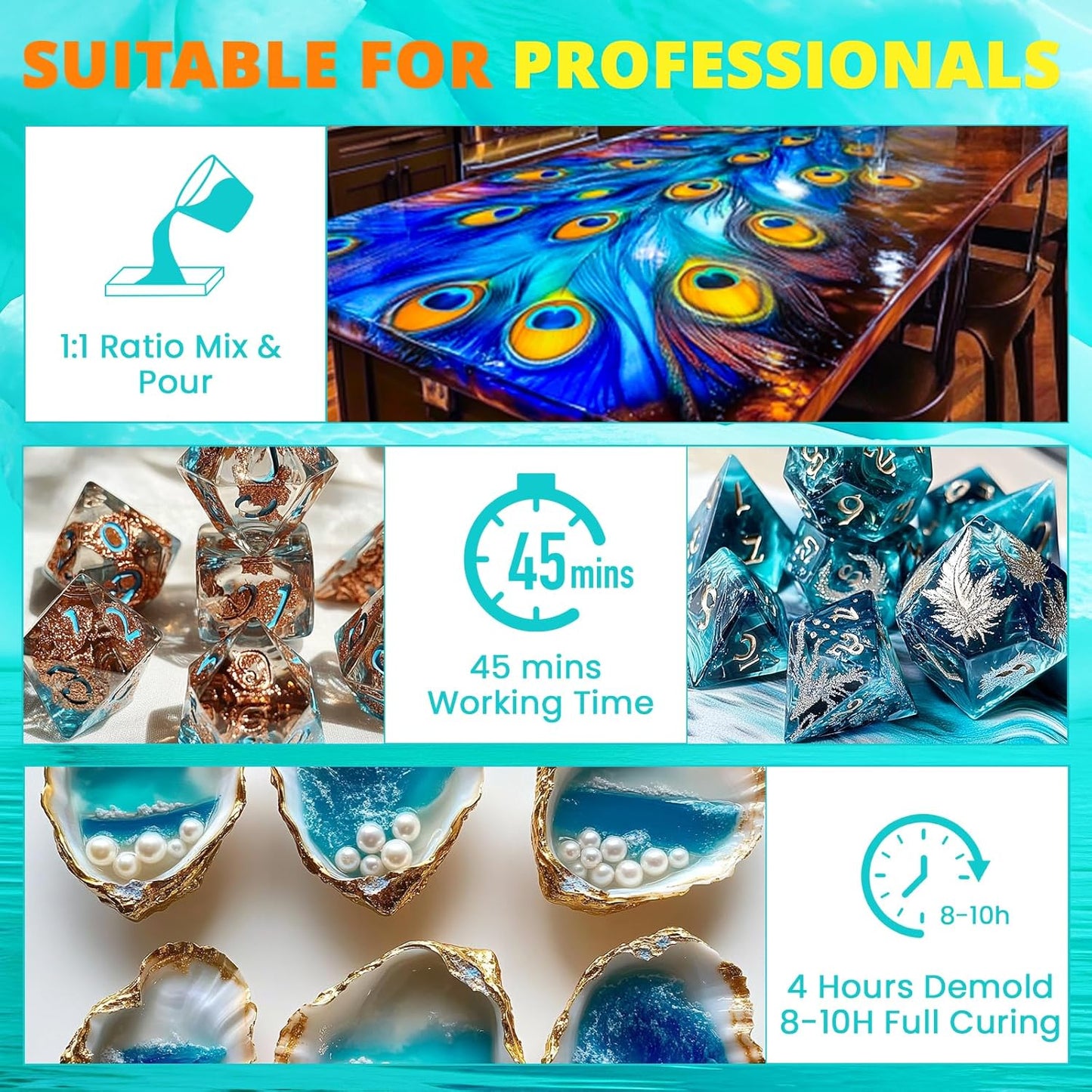 KHKD Fast Cure Resin – 1:1 Mix, 45 Min Work Time, 4 Hour Demold, 8–10 Hour Cure, Perfect for Art and Craft Projects